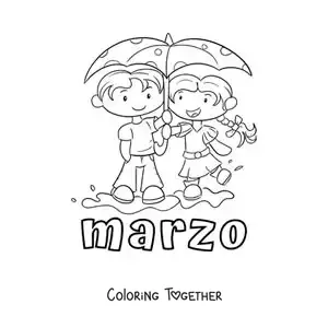 Coloring page of March with two children under umbrellas in the rain