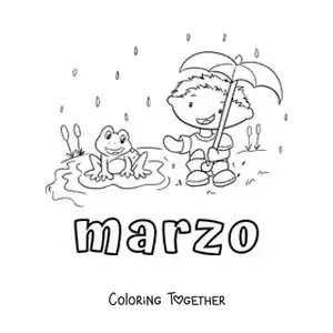 Coloring page of March with a boy in the rain beside a cartoon frog