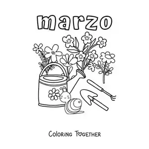Coloring page of March with flowers and a snail