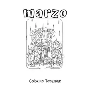 Coloring page of March with flowers in the rain
