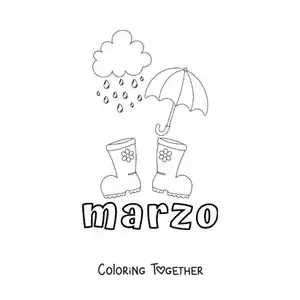 Coloring page of March with an umbrella and a pair of rain boots