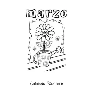 Coloring page of March with a cartoon flower