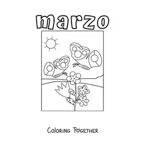 Coloring page of March with spring flowers and a butterfly
