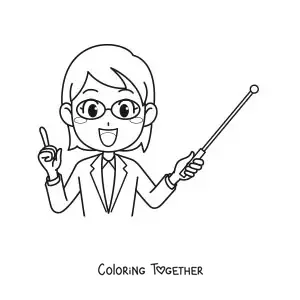 Coloring page of a cartoon female teacher with a pointer