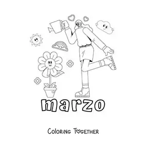 Coloring page of March with a girl watering the flowers