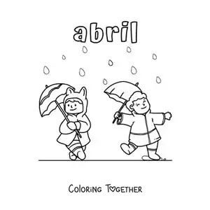 Coloring page of April with children in the rain
