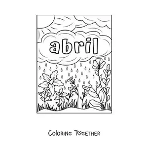 Coloring page of April with a landscape of flowers and rain