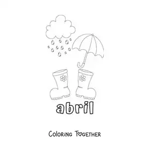 Coloring page of April with rain boots and an umbrella