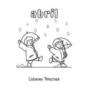 Coloring page of April with children jumping in the rain