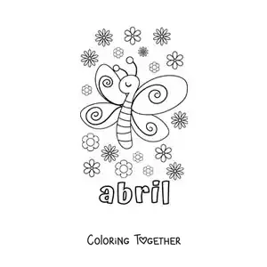 Coloring page of April with a cartoon butterfly and flowers