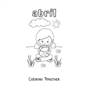 Coloring page of April with a girl hugging the Earth