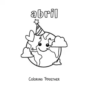 Coloring page of April with the cartoon Earth on its day wearing a birthday hat