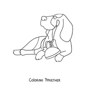 Coloring page of a basset hound lying down and playing with a shoe