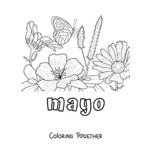 Coloring page of May with a butterfly in a flower garden