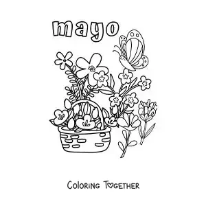 Coloring page of May with spring flowers in a basket and a butterfly