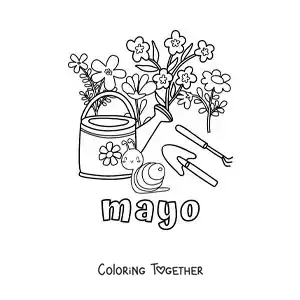 Coloring page of May with flowers beside gardening tools and a cartoon snail