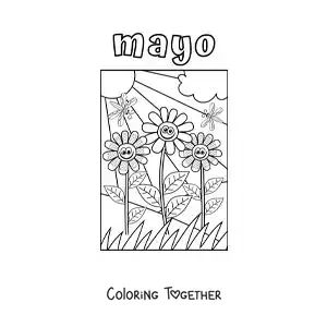 Coloring page of May with a landscape of cartoon flowers and a bright sun