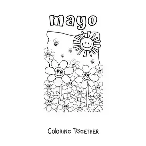 Coloring page of May with cartoon flowers under the spring sun
