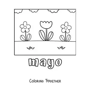 Coloring page of May with simple flowers in a garden