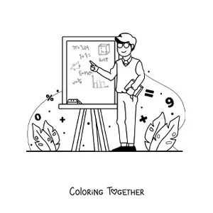 Coloring page of a teacher pointing at a board with math formulas