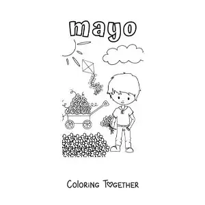 Coloring page of May with a boy gathering flowers on a sunny day