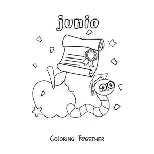 Coloring page of June with a cartoon worm wearing a graduation cap and holding a diploma