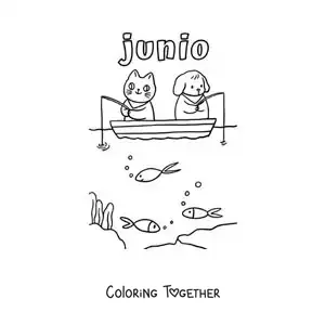 Coloring page of June with a cartoon cat and dog fishing in a boat