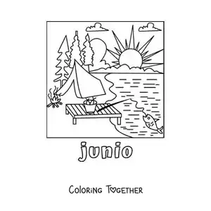 Coloring page of June with a campsite by the lake