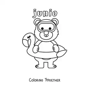 Coloring page of June with a cartoon bear wearing a life ring and diving goggles