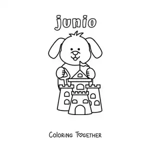 Coloring page of June with a cartoon dog building a sandcastle