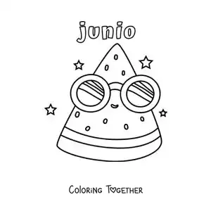 Coloring page of June with a cartoon watermelon wearing sunglasses in summer