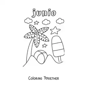 Coloring page of June with a summer day at the beach with a palm tree and a ball