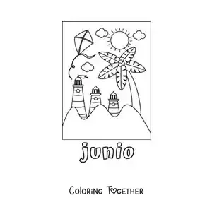 Coloring page of June with a summer day at the beach with lighthouses and a kite