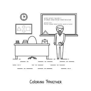 Coloring page of a teacher explaining math in front of the board