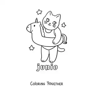 Coloring page of June with a cartoon cat wearing a life ring