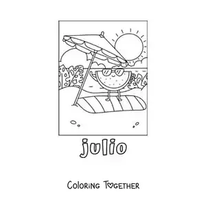 Coloring page of July with a cartoon watermelon on the beach