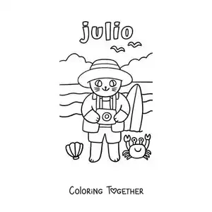 Coloring page of July with a cartoon tourist cat on the beach