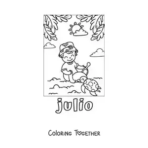 Coloring page of July with a boy on vacation playing in the sand at the beach