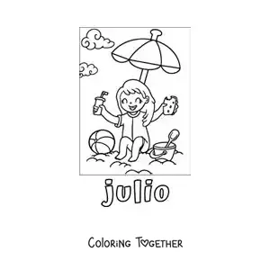 Coloring page of July with a girl on vacation eating at the beach