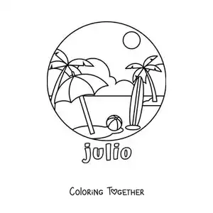 Coloring page of July with a beach landscape