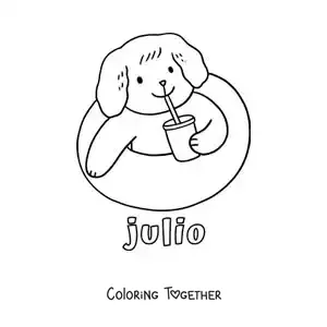 Coloring page of July with a cartoon dog in the pool having a drink
