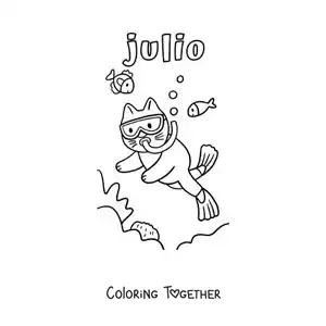 Coloring page of July with a cartoon cat diving