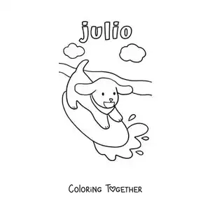 Coloring page of July with a cartoon dog surfing