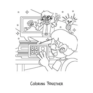 Coloring page of a student watching the teacher give a lesson on a laptop