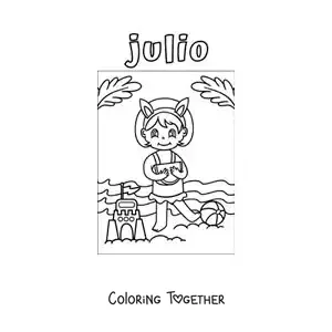 Coloring page of July with a girl at the beach building a sandcastle
