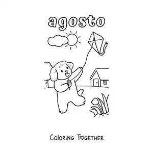 Coloring page of August with a cartoon dog flying a kite
