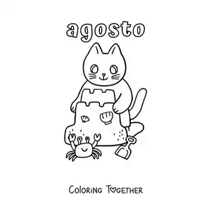 Coloring page of August with a cartoon cat building a sandcastle