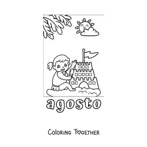 Coloring page of August with a girl on vacation building a sandcastle