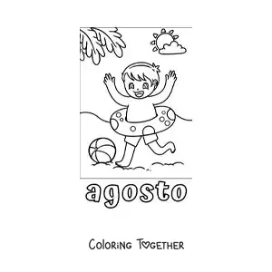 Coloring page of August with a boy playing at the beach