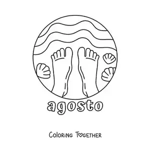 Coloring page of August with a pair of feet on the beach
